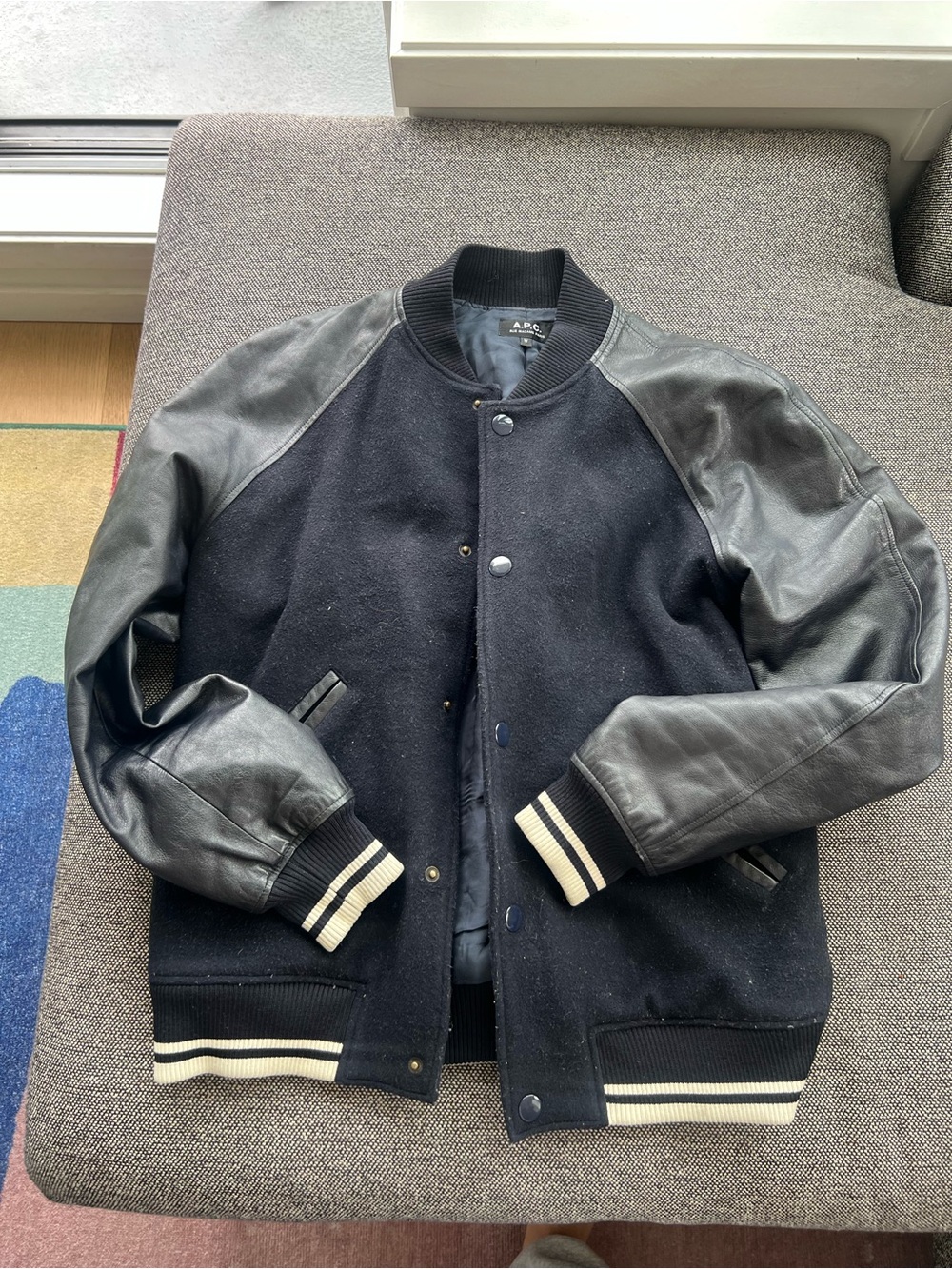 A.P.C. Black Wool Body Varsity Jacket with Black Leather Sleeves